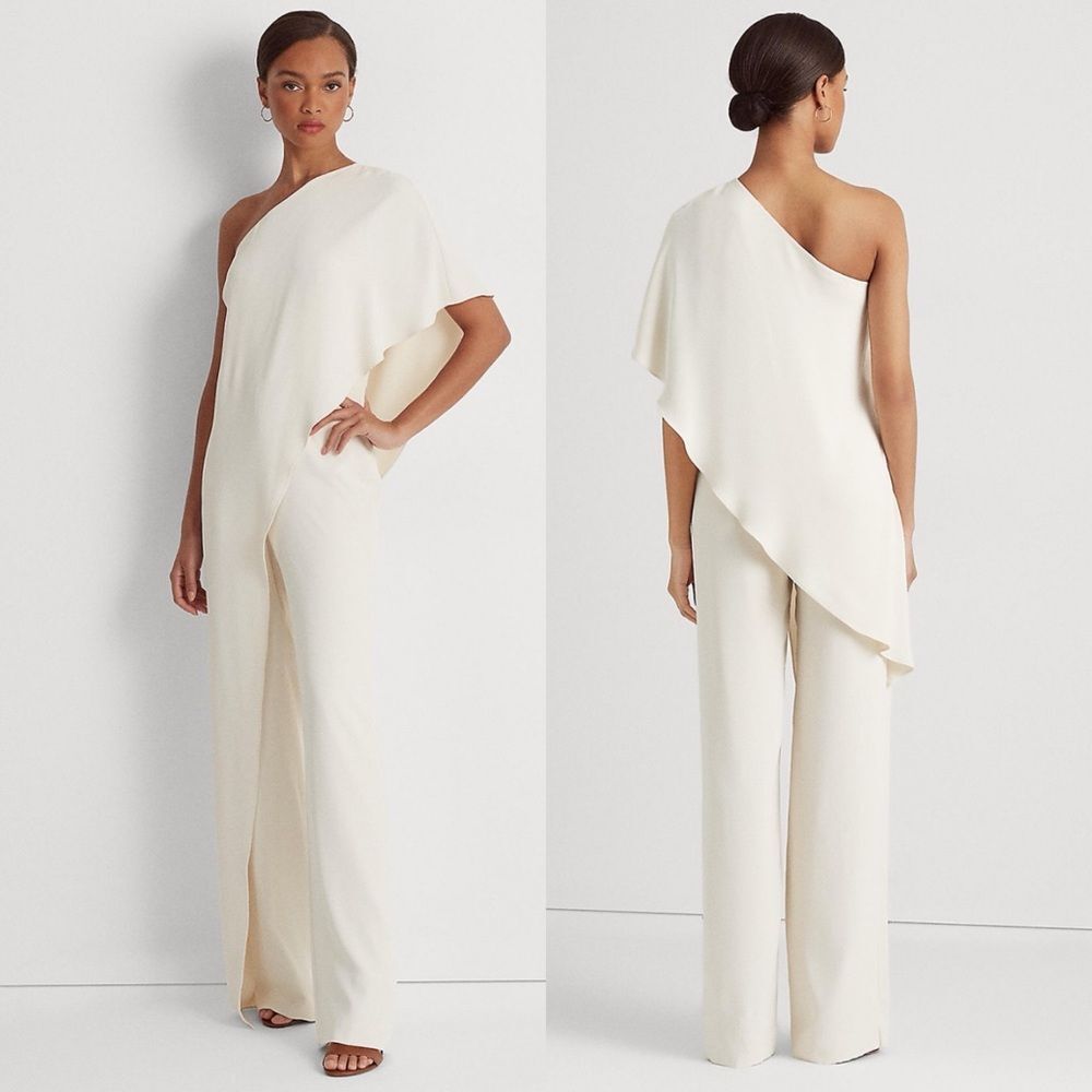 Lauren Ralph Lauren Cape One-Shoulder Jumpsuit in Cream, Size 10 Retail $265 - Picture 2 of 13